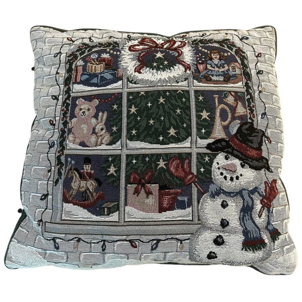 VTG Riverdale Snowman‎ Christmas Window Scene Tapestry Throw Pillow Holiday 16"